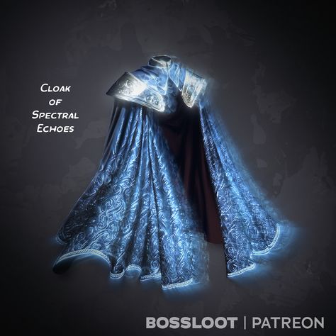 New Item. Cloak of Spectral Echoes Wondrous Item (cape), rare (requires attunement) "The spectral twin, born of intention, gracefully mirrors the subtleties of my motions." The Cloak of Spectral Echoes appears as a flowing, midnight-blue garment adorned with silver threads that seem to weave in and out of reality. The cloak has 3 charges. It regains expended charges after a long rest. Spectral Echo. As a bonus action, you can expend one charge to create a spectral duplicate that merges wi... Magic Cape Fantasy Art, Dnd Magic Cloak, Magic Cloak Art, Magic Cloak, Cape Fantasy, Royal Cloak, Blue Cloak, Homebrew Items, Dnd Magic