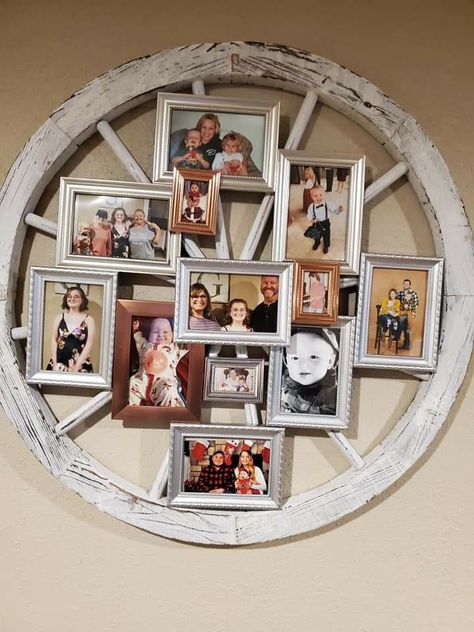 Rural King Wagon Wheel, Dollar Tree Photo Frames, Hot Glue, and Memories! Wagon Wheel Craft Ideas, Wagon Wheel Crafts, Rustic Wagon Wheel Decor, Wagon Wheel Hat Holder, Wood Wheel Decor, Wood Wagon Wheel Decor, Wagon Wheel Wall Decor, Wagon Wheel Ideas, Dollar Tree Wagon Wheel Wreath