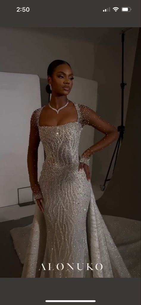 Mermaid Wedding Dress With Rhinestones, Diamond Reception Dress, Black Women Bridal Dresses, Pearl Wedding Dress Black Women, Mermaid Wedding Dress With Pearls, Diamante Wedding Dress, Cream Engagement Dress, Black Owned Wedding Dress Designers, Mermaid Wedding Dresses Black Women