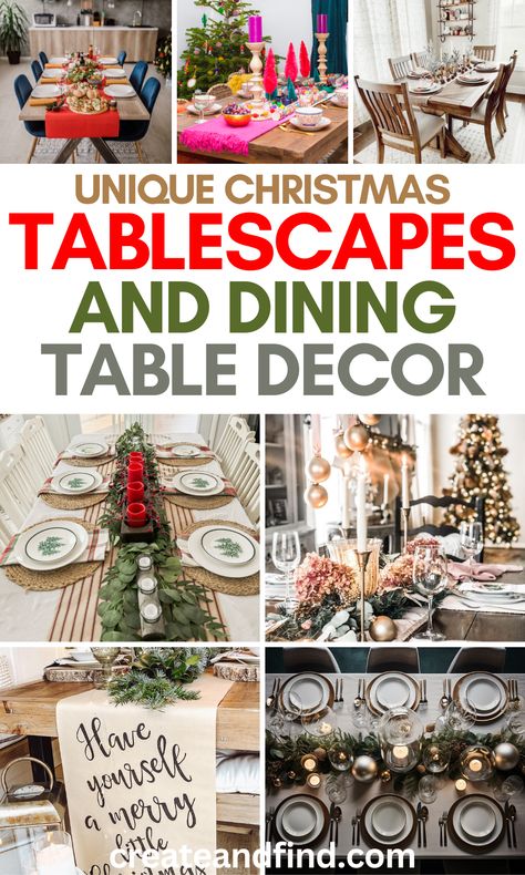 Collage of Christmas dining table decor, including centerpieces, tablescapes, and place settings in every style: modern, rustic, glam, maximalist, farmhouse, traditional, and more. Rectangle Table Christmas Centerpieces, Rustic Christmas Dining Table Decor, Simple Christmas Tablescapes, Farmhouse Glam Christmas Decor, Dining Table Christmas Decor, Christmas Tablescapes Ideas, Christmas Dining Table Centerpiece, Christmas Dining Room Table, Christmas Dining Table Decorations