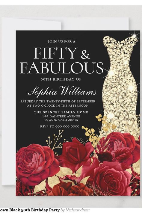 Red Roses Golden Gown Black 50th Birthday Party Invitation 50 Shades Of Fabulous Birthday, 50 Birthday Party Ideas, 60th Birthday Party Invitations, Golden Gown, 50th Birthday Party Invitations, 60th Birthday Invitations, 50th Birthday Invitations, Gown Black, Fabulous Birthday