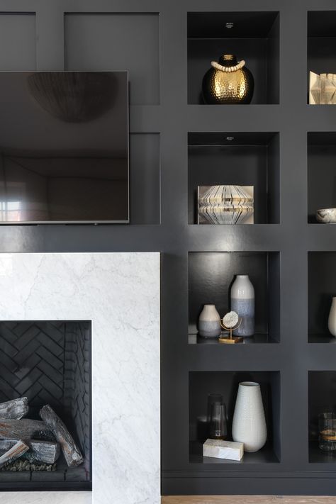 Benjamin Moore Jet Black, Black Bookcase, Living Tv, Coastal Living Rooms, Transitional House, Dark Interiors, Fireplace Design, Contemporary Living Room, Contemporary Living