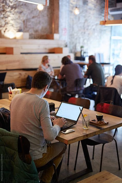 Work Men Aesthetic, Work Space Cafe, People At Coffee Shop, Work At Coffee Shop, Cafe With People, Work In Cafe, Man On Computer, Coffee Shop Laptop, Work Cafeteria