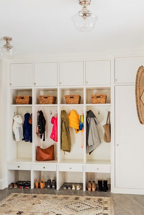 Mudroom Backpack Organization, Garage Landing Mudroom, Garage Drop Zone Ideas, Garage Entryway Ideas, Garage Mudroom Ideas, Kids Mudroom, Mudroom Storage Cabinet, Mudroom Design Ideas, Shiplap Trim