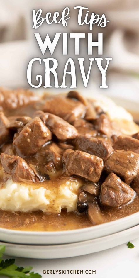 This easy recipe for Beef Tips with gravy is the perfect weeknight dinner. They are simple to make, and the mushroom gravy is rich and flavorful. You can serve them over rice or pasta, or even potatoes. Recipe For Beef Tips, Beef Tips With Gravy, Beef Tips Recipe, Beef Tips And Rice, Newest Recipes, Beef Tip Recipes, Beef Tips And Gravy, Veal Recipes, Tasty Meat