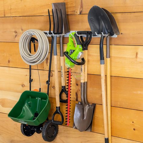 PRICES MAY VARY. GARAGE ORGANIZATION: This garden tool organizer measures 36"W x 9.75"D x 3"H and features four high-capacity tool slots to support 250 lbs of shovels, rakes, power tools, and more. "BUILT LIKE A TANK": The BLAT garage organizer is made of solid steel and is designed to be virtually indestructible. The durable grey powder coating prevents rusting and lasts a lifetime. EASY INSTALL: Garage tool organizer wall mount arrives fully assembled. Simply mount it to your wall using the 3 Yard Tool Rack, Garden Tool Organizer, Shed Shelving, Garage Organizer, Garage Storage Inspiration, Rack Industrial, Garden Tool Rack, Garden Tool Organization, Garage Tool Organization