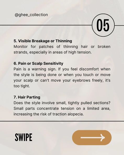 Wondering if your favorite hairstyle could cause traction alopecia? Here's a quick guide: 💡 If the style pulls your edges, feels tight, or causes pain, it’s too much tension. ⏱️ Traction alopecia can start in weeks with constant tension, so listen to your scalp! Protect your hairline by alternating styles, loosening up tight braids, and giving your scalp breaks. Prevention is key—your edges will thank you! 💆‍♀️✨ FOLLOW @ghee_collection for more. Visit our website: www.Gheecollection.com o... Traction Alopecia, Tight Braids, Favorite Hairstyles, Quick Guide, Ghee, Listening To You, Too Much, Braids, Key