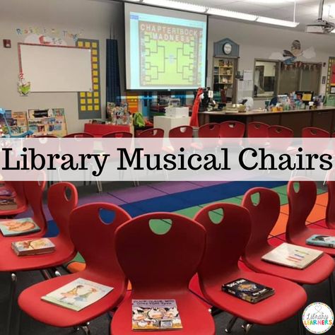 Library musical chairs is a terrific game to promote reading and incorporate technology with Google Form surveys. Library Lessons Elementary, School Library Lessons, Library Orientation, Elementary Librarian, School Library Decor, School Library Design, Library Plan, Library Games, Library Lesson Plans