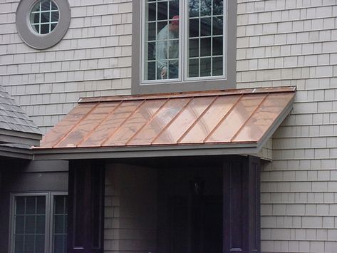 Standing Seam Roofing - Sheridan Sheet Metal Co. Window Trellis, Copper Metal Roof, Roof Awning, Copper Awning, Awning Roof, Bricks Wall, Tan House, Porch Awning, Metal Awning