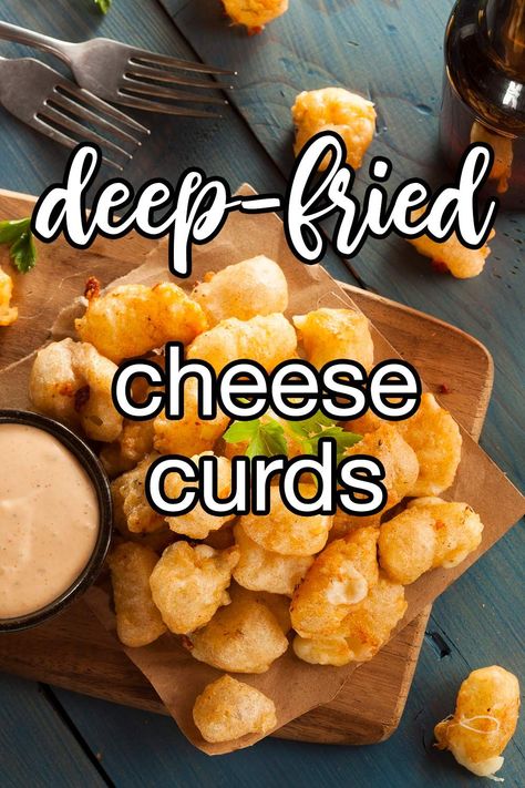 Deep-Fried Cheese Curds - Deep-fried cheese curds are a hallmark food at midwest state fairs. Cheese curds can be found in the cheese or deli section at larger grocery stores. | CDKitchen.com Homemade Fried Cheese Curds, Breaded Cheese Curds, How To Fry Cheese Curds, Garlic Cheese Curds Recipe, Air Fried Cheese Curds, How To Make Cheese Curds, Cheese Curds Recipe Dishes, Cheese Curds Fried, Deep Fried Cheese Curds Recipe