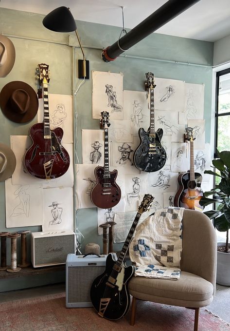 Jam Room Ideas Music Studios, Guitar Interior Design, Cozy Home Studio Music, Guitar Lounge, Living Room Music, Guitar And Record Wall, Farmhouse Music Room, Guitar Wall Aesthetic, Guitar Interior