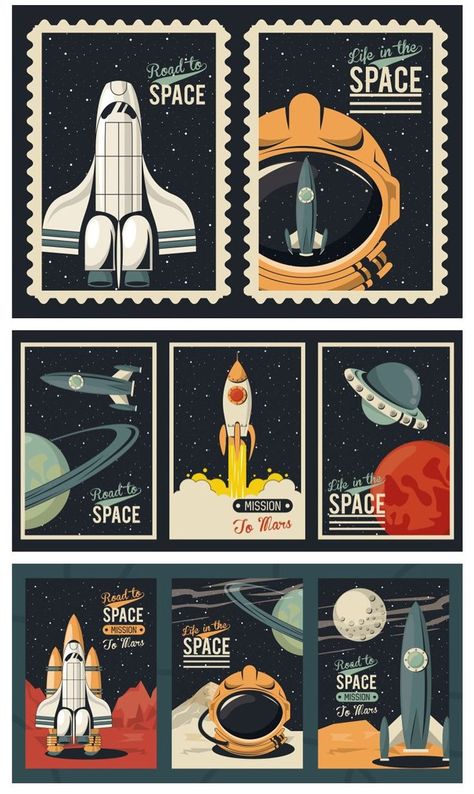 Vintage Outer Space, Astronomy Design Ideas, Retro Space Aesthetic, Nasa Aesthetic, Space Graphic Design, Fogo Gif, Nasa Design, Retro Space Posters, Nasa Retro