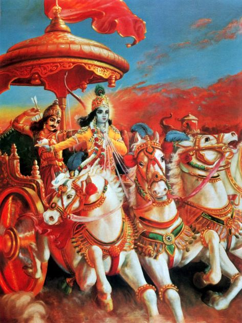 Bhagavad Gita Art Gallery--Plate 44: Wherever there is Krishna and Arjuna there will certainly be opulence, victory, extraordinary power and morality.. 10 Avatars, The Mahabharata, Srila Prabhupada, Krishna Book, Divine Grace, Bhagavad Gita, Hare Krishna, Krishna Art, Hindu Art