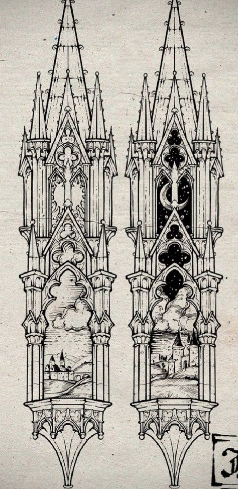 Gothic Tower Drawing, Fine Line Architecture Tattoo, Gothic Architecture Illustration, Gothic Tower Tattoo, Gothic Castle Sketch, Gothic Architecture Tattoo Sleeve, Gothic Cathedral Back Tattoo, Gothic Architecture Elements, Cathedral Window Drawing