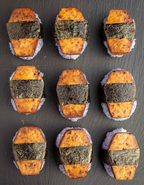 Vegan Spam, Savory Halloween Food, Vegan Halloween Food, Halloween Potluck, Halloween Tea Party, Spam Musubi, Vegan Halloween, Spooky Snacks, Spooky Food