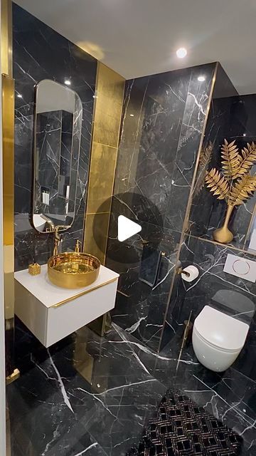 Kinga Sexton on Instagram: "Small bathroom inspo 🖤 . . Bathroom details below:  Bathtub @bathroommountainuk  . Gold bath mixer tap @beliani_uk  . Sink @aliexpress . Vanity unit @bathroom_city_  . Mirror @marksandspencer  . Black marble tiles @ivyspace_london  . Gold leaf accent tiles @tilesdirect   *ad/ contains previously gifted items . . . . . #interiordesign #homedesign #homedecor #bathroomdecor #bathroomdesign #homeinspo #interiorstyling #homestyle #interiorinspo #interiordecor #interiorstyle #interiordecorating #luxurydesign #homeinterior #interior" Black And Gold Marble Bathroom, Bathroom Ideas Black Marble, Black And Gold Bathroom Decor Ideas, Black And Gold Bathroom Ideas, Black Marble And Brass Bathroom, Small Bathroom Inspo, Black Marble Shower Walls, Bathroom Tiles Combination, Nero Marquina Bathroom