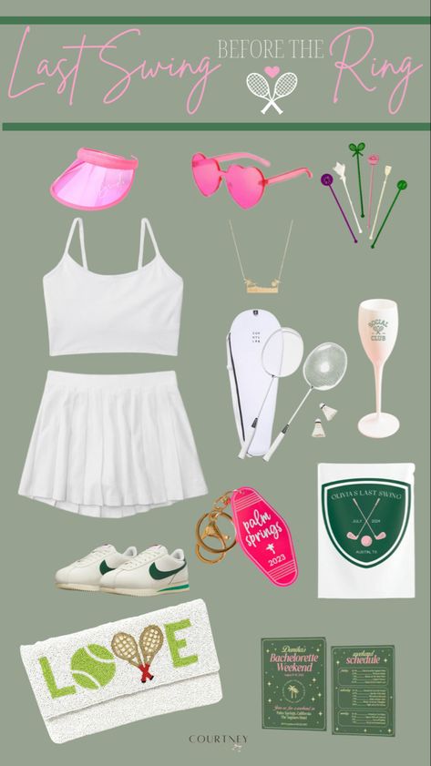 Country Club Accessories, Tennis And Tequila Bachelorette, Country Club And Cocktails Bachelorette, Tennis Bachelorette Theme, Sporty Bachelorette Party, Cocktails And Country Clubs Bachelorette, Bachelorette Theme Nights Outfits, Country Club Theme Bachelorette, Tennis Themed Bachelorette Party