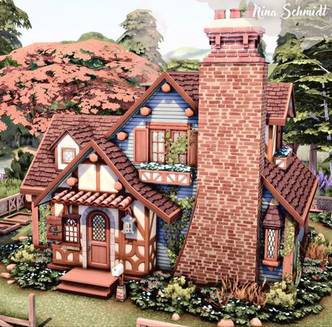 Sims 4 Storybook House, Cottswald Cottages, Witchy Cottage Sims 4, Witch Cottage Exterior, Cute Sims 4 Houses, Small Cozy Cottage, Sims4 Inspiration, Cottage Sims 4, Cottage Floorplan