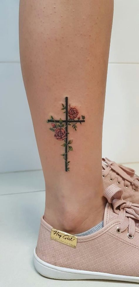 Rose And Cross Tattoos For Women Design, Womens Unique Tattoos, Pretty Cross Tattoos For Women, Unique Christian Tattoos For Women, Ankle Tattoo Cross, Pretty Cross Tattoo, Feminine Cross Tattoo, Unique Cross Tattoos, Small Cross Tattoos