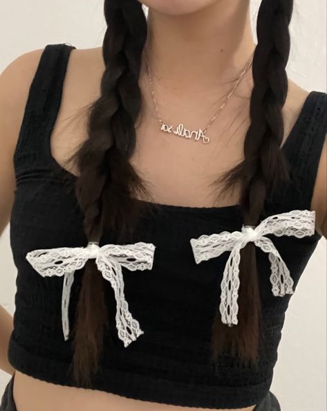 lace ribbon, bows, braids, hair styles, aesthetic hair styles, jennie kim hair, ribbon braids, bow hair styles Lace And Bows Aesthetic, Ribbon Core Outfits, Lace Bows In Hair, Lace Ribbon In Hair, Hairstyles With Lace Ribbon, Lace Bow Hairstyle, Coquette Ribbon Hair, Lace Ribbon Hair, Ribbon In Braids