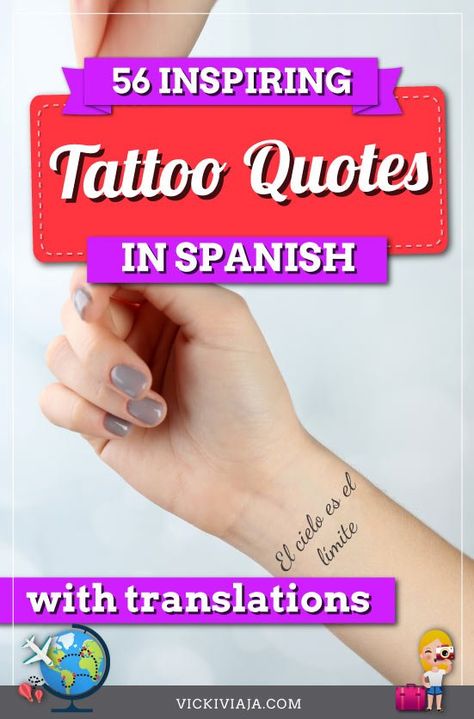 Looking for inspiration for a Spanish tattoo? Discover the most beautiful Spanish quotes for tattoos—whether it’s about travel, family, love, or motivational sayings and quotes, you’re sure to find the perfect one here.#Vickiviaja Simple Spanish Tattoos, Spanish Phrase Tattoos, Spanish Word Tattoos For Women, Spanish Tattoo Quotes, Spain Tattoo Spanish, Spanish Sayings Tattoos, Spanish Quotes For Tattoos, Spanish Quotes About Life, Small Spanish Tattoos