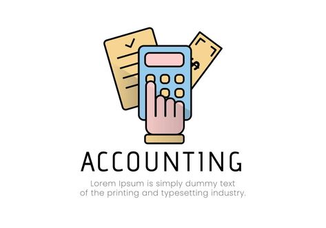 Finance. Vector illustration logo accounting. Hand on a calculator, behind it is a document and a bill, bottom of the inscription accounting Accounting Icon, Logo Accounting, Front Page Design, Accounting Logo, Illustration Logo, Page Design, Calculator, Vector Art, Cute Art