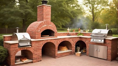 16 Beautiful Backyard Pizza Oven Ideas for Culinary Bliss - Peak Patio Life Brick Bbq Rotisserie, Backyard Kitchen With Pizza Oven, Pizza Oven Ideas, Outdoor Gas Pizza Oven, Clay Pizza Oven, Bbq Station, Outdoor Cooking Station, Backyard Grill Ideas, Brick Pizza Oven Outdoor