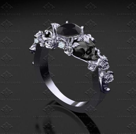 ‘St. Ivy’ 1.00ct Natural Black and White Diamond White Gold Skull Engagement Ring Skull Wedding Ring, Gothic Engagement Ring, Skull Engagement Ring, Diamond Skull, Rings Ideas, Skull Wedding, Black Engagement Ring, Black Gold Jewelry, Antique Engagement Ring