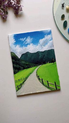 Simple Watercolor Landscapes For Beginners, Mini Paintings Simple, Landscape Paintings For Beginners, Scenery Painting Ideas, Landscape Painting Ideas For Beginners, Painting Tutorial Acrylic, Poster Colour Painting, Road Painting, Canvas Art Painting Abstract