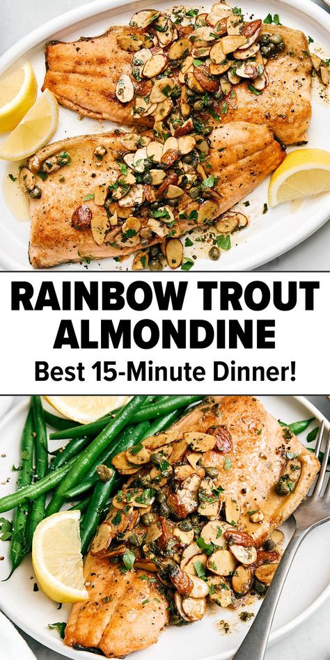 Rainbow trout almondine. Healthy Trout Recipes, Best Trout Recipes, Trout Fish Recipes, Lean Fish Recipes, Keto Trout Recipe, Trout Recipe, Trout Recipes Baked, Steelhead Trout Recipe, Rainbow Trout Recipe