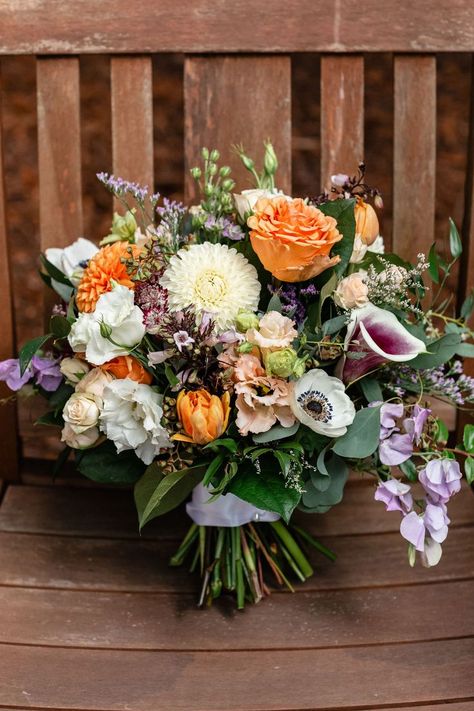 White Purple Orange Bouquet, Purple Orange Green Bouquet, Purple Orange And Yellow Wedding, Purple And Peach Flowers, Orange And Lavender Wedding, Purple And Orange Bouquet, Orange Dahlias, Blue Yellow Weddings, Purple Fall Wedding