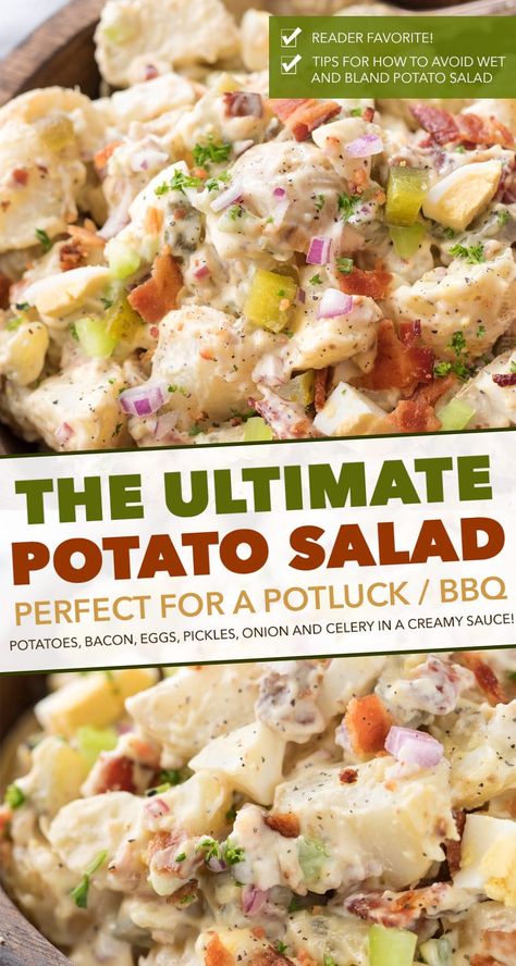 This Potato Salad is my FAVORITE summertime recipe!  Added tips on how to get the perfect potato texture, prevent a "wet" potato salad, and how to add extra zing that will make everyone want the recipe! #potatosalad #potatoes #salad #potluckrecipe #summer #salad #sidedish #picnic Potato Salad With Radishes, Million Dollar Potato Salad, Rustic Potato Salad, Mini Potato Salad Recipe, City Bbq Potato Salad Recipe, Potato Salad For 50 People, Russet Potato Salad, Hot Potato Salad Recipe, Candied Peppers