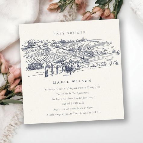 Navy Winery Mountain Sketch Baby Shower Invite Wedding Fun Facts, Wine Bridal Shower Invitations, Rustic Winery, Engagement Invite, Tropical Bridal Shower Invitations, Mountain Sketch, Bridal Shower Wine, Invite Design, Tropical Bridal Showers