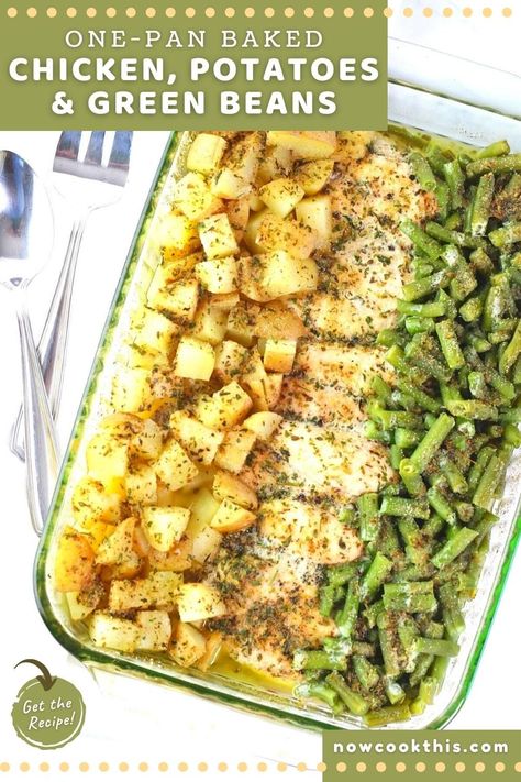 This classic one-dish baked chicken, potatoes and green beans with Italian seasonings is so easy and delicious, it's sure to become a regular in your dinner rotation. If you're looking for a simple, no-fuss, family-friendly meal with minimal prep time, easy clean-up, and lots of flavor, this is a must-try. After a few quick minutes to put it all together, the oven does the rest of the work for you. All that's left to do it sit down and enjoy! Get the recipe and give it a try! Green Bean Chicken Potato Bake, Sheetpan Dinner Recipes, Chicken Potatoes And Veggies, One Pan Italian Chicken, One Sheet Pan Meals, Baked Chicken Potatoes, Chicken Potatoes And Green Beans, Chicken Green Beans Potatoes, Oven Green Beans