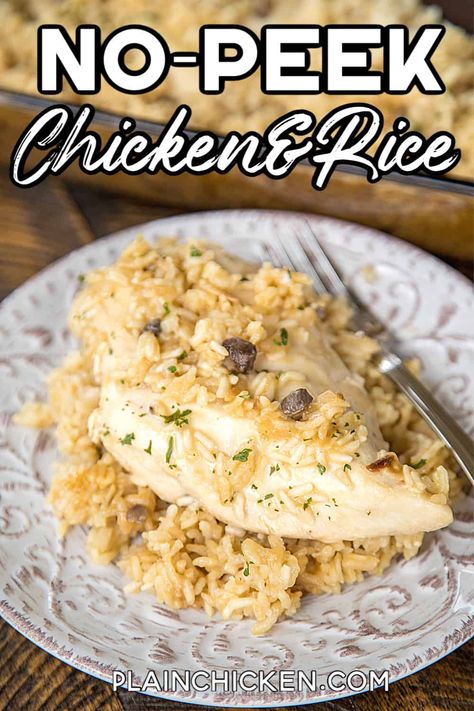 No-Peek Chicken and Rice - super easy dinner recipe! Chicken breasts, rice, cream of chicken soup, cream of mushroom soup, chicken broth, onion soup mix. Mix everything in the baking dish and pop in the oven. SO easy and everyone cleaned their plate! Even our picky eaters!! #chicken #casserole #chickenandrice Cream Of Mushroom Soup Chicken, Mushroom Soup Chicken, Soup Chicken Broth, Dinner Recipe Chicken, No Peek Chicken, Cream Of Mushroom Chicken, Rice Cream, Easy Chicken And Rice, Chicken Rice Casserole