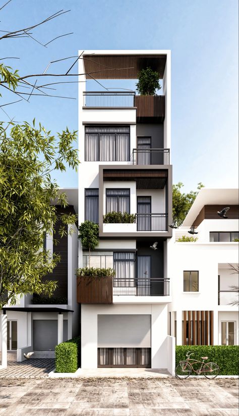 Narrow Building Architecture, Minimal House Elevation, Narrow House Elevation Designs, 3 Storey Apartment Design, Narrow Elevation Designs, Narrow Building Elevation, Narrow Facade Design, Narrow House Elevation, 4 Storey Building Elevation