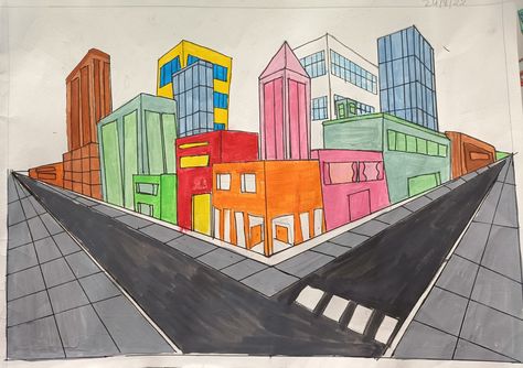 Two Point Perspective City, Perspective City, 2 Point Perspective Drawing, 2 Point Perspective, Two Point Perspective, One Point Perspective, City Block, City Scape, Point Perspective