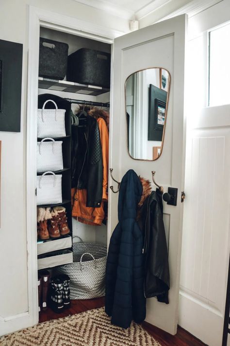 Marie Kondo Monday- Entry Closet Makeover - Nesting With Grace Small Entry Closet, Entry Closet Makeover, Entryway Closet Makeover, Entry Closet Organization, Hall Closet Organization, Small Coat Closet, Organiser Son Dressing, Front Closet, Coat Closet Organization