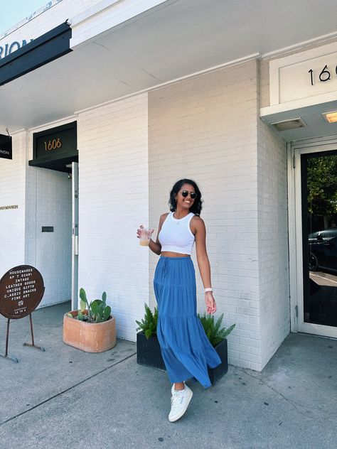 Blue maxi skirt, summer outfit, ootd, aerie, #fashion #outfits Blue Maxi Skirt Outfit Summer, Maxi Skirt Summer Outfit, Tiered Maxi Skirt Outfit, Blue Maxi Skirt Outfit, Maxi Skirt Outfit Summer, Maxi Skirt Summer, Maxi Skirt Outfit, Skirt Outfit Summer, Maxi Skirts Summer