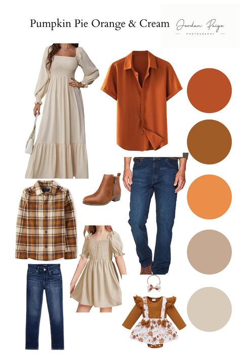 Orange Family Photo Outfits, Family Photo Style Guide, Color Scheme Aesthetic, Family Photos Color Scheme, Outfit Color Palette, Outfit Inspo Orange, Sunset Family Photos, Family Photo Studio, Summer Family Pictures