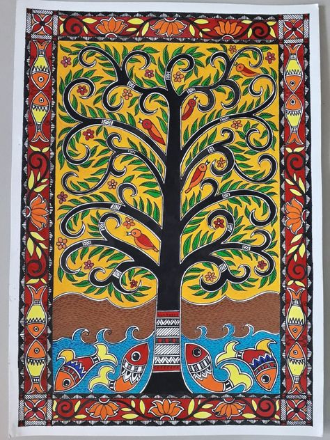 My handmade madhubani painting on paper with acrylic colours. #madhubaniart #madhubanipainting #indianfolkart Original Madhubani Paintings, Madhubani Painting Flowers, Large Madhubani Paintings, Madhubani Tree Of Life, Madhubani Paintings Traditional, Madhubani Elephant, Madhubani Tree, Madhubani Patterns, Traditional Madhubani Art