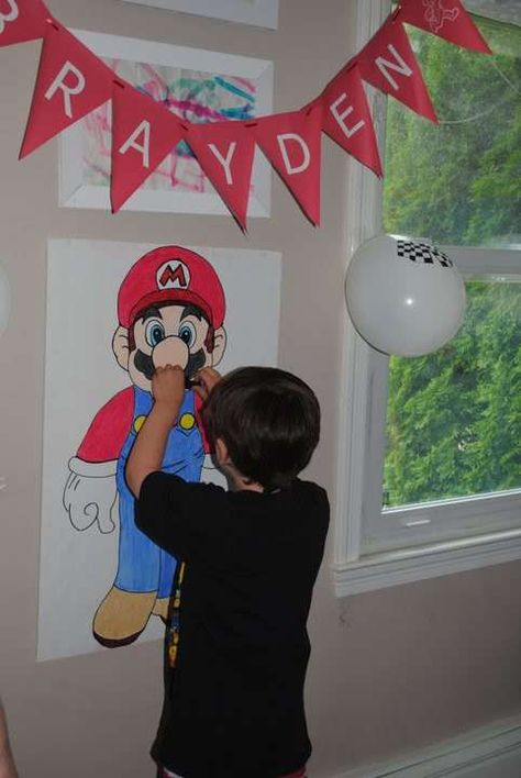 Brayden's Mario Birthday | CatchMyParty.com Pin The Mustache On Mario, Mario Bday Party, Super Mario Brothers Birthday Party, Mario Party Ideas, Mario Party Games, Super Mario Brothers Birthday, Mario Brothers Birthday Party, Mario Kart Party, Mario Bros Birthday Party