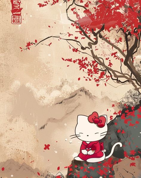 Give Away! Free Mobile Wallpaper Digital Art - Link in Bio. Hello Kitty in the style of traditional Chinese painting, red cherry blossoms falling from tree branches onto rock and mountain background, with a red color palette, digital art with brush strokes and subtle texture resembling paper, on a light beige background, a high resolution digital illustration of the hello kitty character from Sanrio's world sitting by a stream. Follow @hello_kyoota for more upcoming free giveaways! Anime Red Wallpaper Aesthetic, Red Cherry Blossom Wallpaper, Light Red Wallpaper, Color Palette Digital Art, Cherry Blossoms Falling, Red Sanrio, Cherry Wallpaper, Wallpaper Digital Art, Red Color Palette