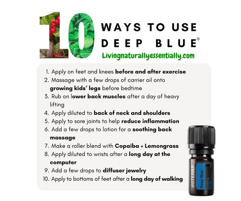 Continuing our 10 ways to use series. Moving on to Doterra Top 10 .Today we have Deep Blue. I will be sharing my favorite way to use each oil also and as always if you want to learn more visit us at Livingnaturallyessentially.com where you can find how to get started as well as tons of education. https://livingnaturallyessentially.com/oil-started-deep-blue/ Favorite use: Every day I use deep blue on my chest. Read more above 👆👆👆👆 Immunity Essential Oils, Doterra On Guard, Esential Oils, Foaming Hand Wash, Diy Essential Oil Recipes, Doterra Essential Oils Recipes, Essential Oil Remedy, Essential Oils Guide, Essential Oil Spray