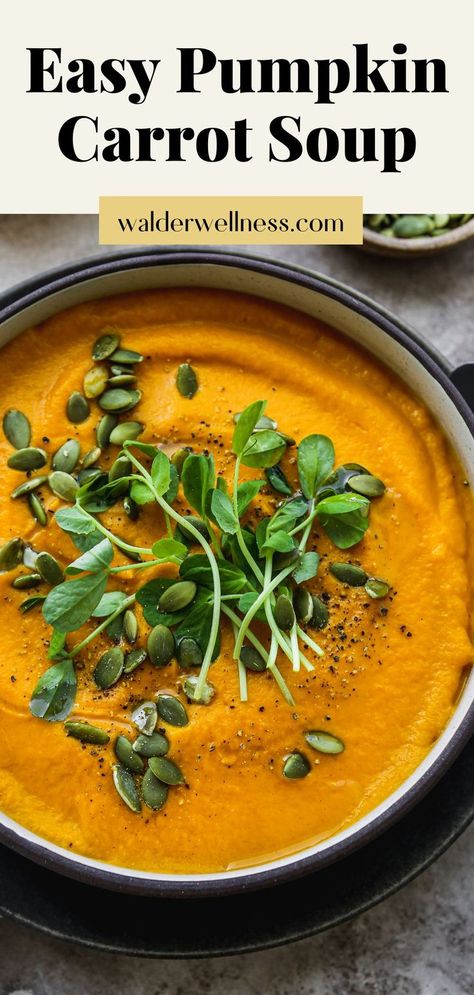 Creamy vegan pumpkin carrot soup in a bowl. Carrot Soup Easy, Carrot Soup Vegan, Vegan Pumpkin Soup Recipe, Pumpkin Carrot Soup, Pumpkin Soup Recipe Easy, Pumpkin Soup Easy, Pumpkin Soup Healthy, Vegan Carrot Soup, Canned Pumpkin Recipes