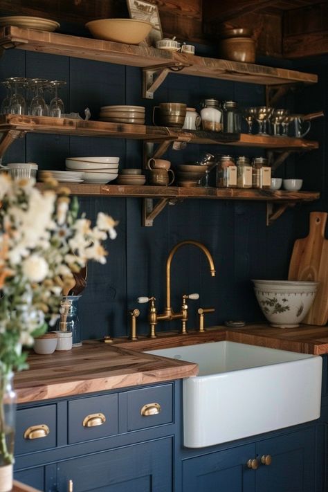 Boho Kitchen Blue Cabinets, Blue And Wood Kitchen Ideas, Dark Blue And Wood Kitchen, Dark Blue Kitchen, Kitchen With Open Shelving, Dark Blue Kitchens, Kitchen Pop, White Upper Cabinets, Navy Blue Kitchen