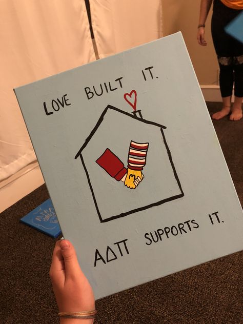 Alpha Delta Pi Ronald McDonald House Charity canvas || “Love Built it. ADPI supports it.” || Susquehanna University Gamma Omicron chapter Adpi Rmhc, Alpha Delta Pi Sorority, Ronald Mcdonald House Charities, Ronald Mcdonald House, Dorm Art, Alpha Delta Pi, Launch Event, Bid Day, Diy Canvas Art Painting