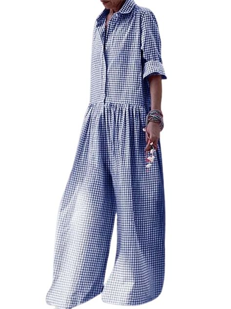 PRICES MAY VARY. Material: This women long sleeve plaid print jumpsuit is made of high quality polyester, soft, comfy, skin-friendly, breathable, lightweight and stretch. Great for Spring and Fall. Features: One piece outfit features turn-down collar, v neck, long sleeve, button-down closure, classic plaid print, casual style, loose waist, shapeless silhouette, extra long wide leg pant. Match: You can pair it with heels, sneakers, slippers, loafers and sandals for a fashionable and casual look. Trendy Jumpsuits And Rompers With Buttons, Cheap Navy Sets For Spring, Loose Waist Dress Hack, Matching Long Sleeve And Pants, Clothing Jumpsuits & Rompers, Womens Loose Overalls, Plus Size Cruise Capsule Wardrobe, Fall Jumpsuits & Rompers, Pant Overalls