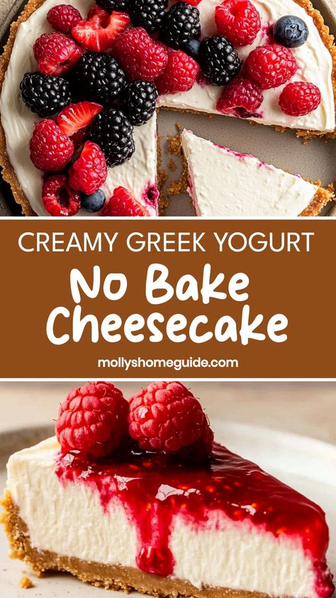 Indulge in the creamy goodness of a delectable Greek yogurt no-bake cheesecake. This easy-to-make dessert is perfect for satisfying your sweet cravings without heating up the kitchen. With just a few simple ingredients and minimal prep time, you can enjoy a rich and luscious treat that will impress your guests or simply satisfy your own dessert desires. The combination of tangy Greek yogurt and smooth cream cheese creates a perfectly balanced flavor that is sure to please any palate. Greek Yogurt No Bake Cheesecake, Healthy Yogurt Desserts, Kid Friendly Desserts Easy, Greek Yogurt Desserts, Greek Yogurt Dessert Healthy, Game Day Desserts, Greek Yogurt Recipes Healthy, Yogurt Dessert Recipes, Greek Yogurt Frosting