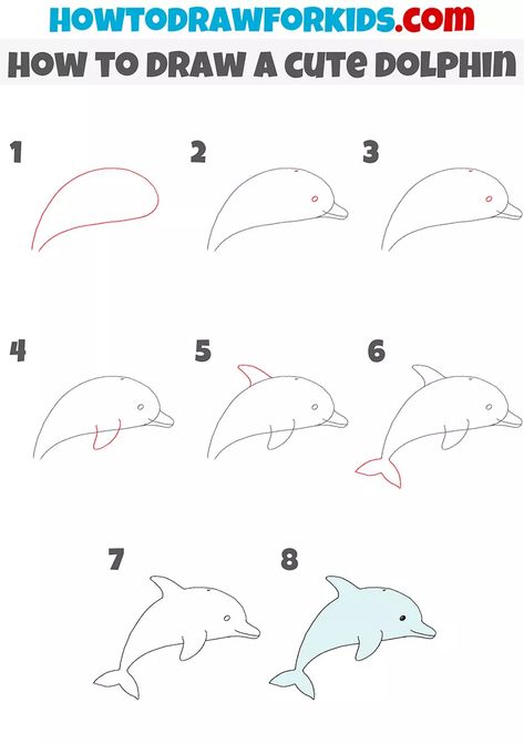 How to Draw a Cute Dolphin Step by Step - Easy Drawing Tutorial Underwater Easy Drawing, How To Draw A Dolphin, Dolphin Drawing Easy, Cute Dolphin Drawing, Dolphin Drawing Step By Step, How To Draw A Dolphin Easy, Dolphin Painting Easy, Dolphin Drawing Simple, Dolphins Drawing